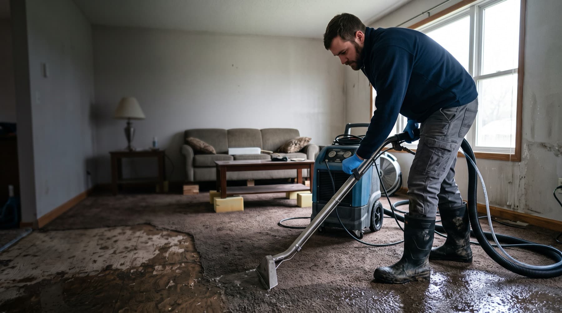 Mountain West Restoration technician actively working a water-extraction job in Colorado Springs